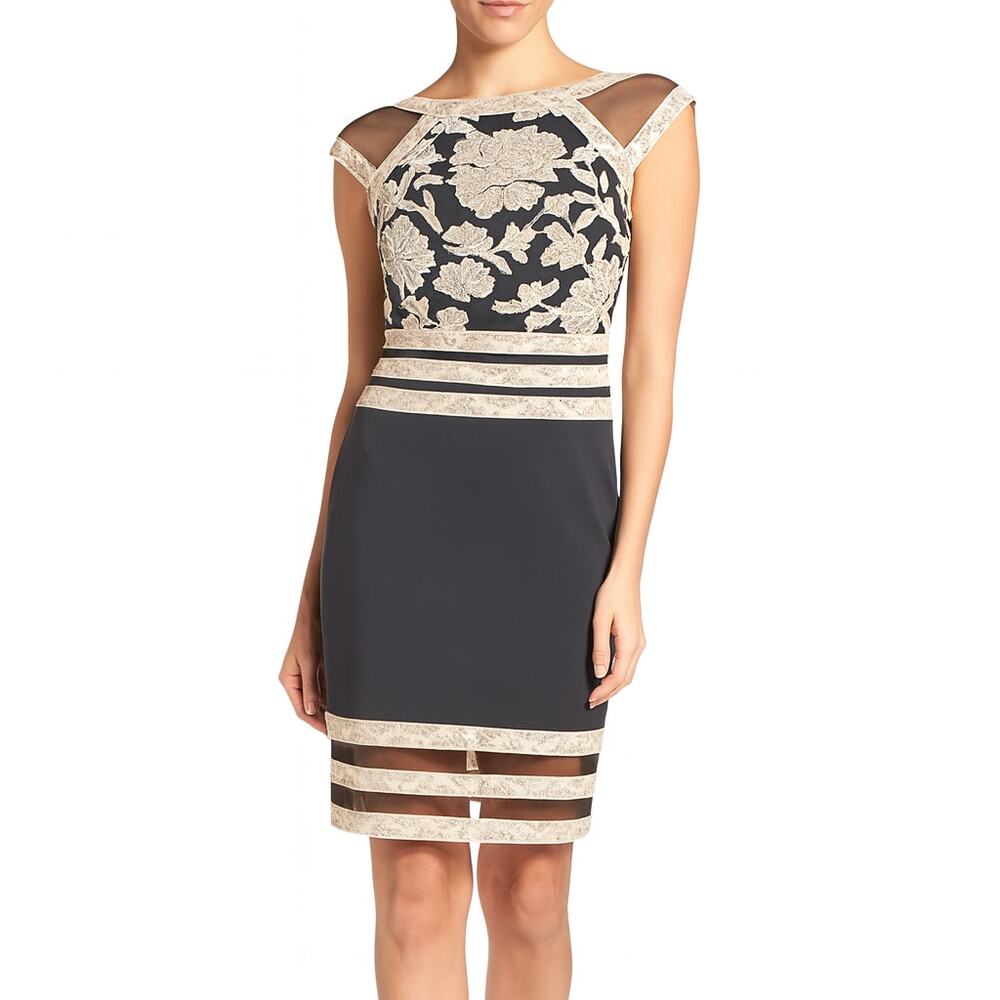 Tadashi Shoji Embroidered Scuba Sheath Dress Black Nude Illusion Cocktail Chic